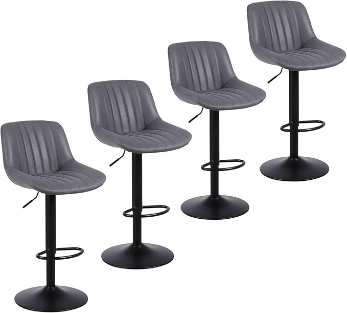 Bar Stools Set of 4, Swivel Counter Height Barstools with Back, Adjustable PU Leather Bar Chairs, Modern Armless Kitchen Island Stool, Dark Grey-DeskLoop Office