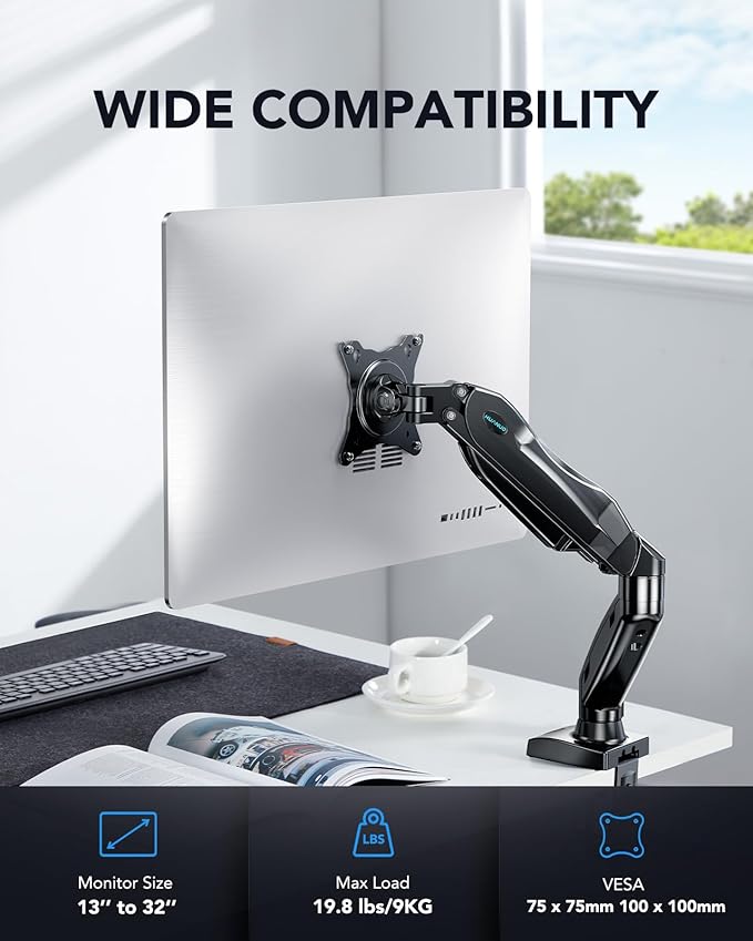 HUANUO Single Monitor Mount, 13 to 32 Inch Gas Monitor Arm, Adjustable Stand, Vesa Mount with Clamp and Grommet Base - Fits 4.4 to 19.8lbs LCD Computer Monitors-DeskLoop Office