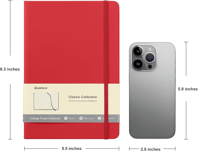 Comix 6 Pack Lined Journal Notebooks for Work, 240 Pages, 5.5"x8.3", Red, Hardcover, A5 Medium College Ruled, Journaling Notebooks for Notes-taking, Fits for Office School Home-DeskLoop Office