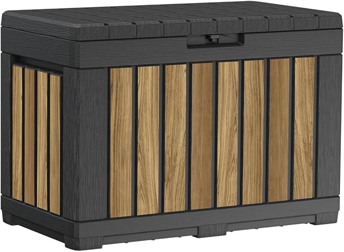 Keter Signature Collection 50 Gallon Resin Deck Box Organization and Storage Box for Patio Outdoor Cushions, Throw Pillows, Garden Tools and Pool Supplies, Oakridge-DeskLoop Office