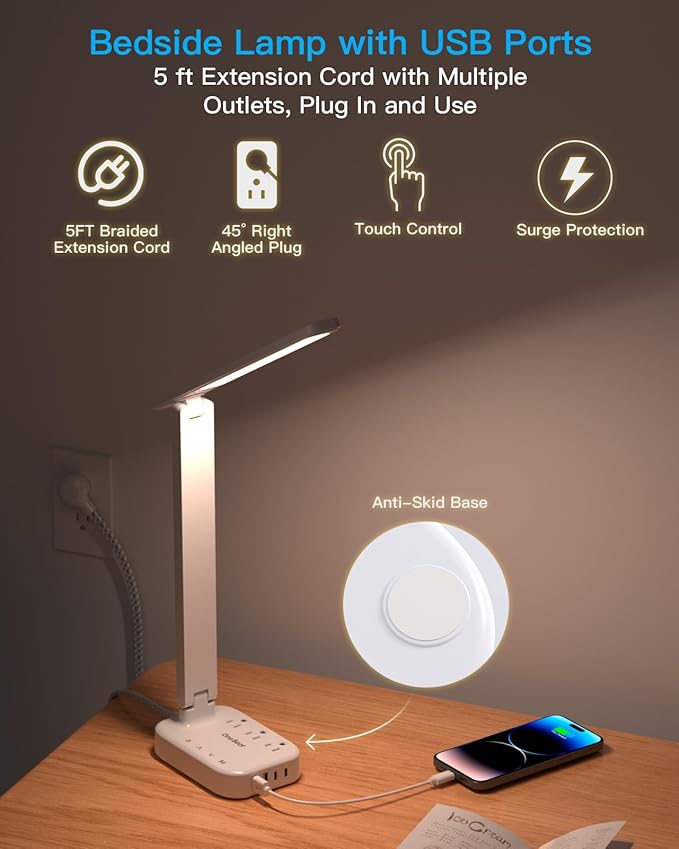 Power Strip with LED Desk Lamp, 3 Outlets 4 USB Ports(2 USBC) 4 Modes 5 Level Touch Lamp Small Desk Lamp for Home Office Bedroom Bedside, Study Reading Light, 5ft Extension Cord, Dorm Room Essentials-DeskLoop Office