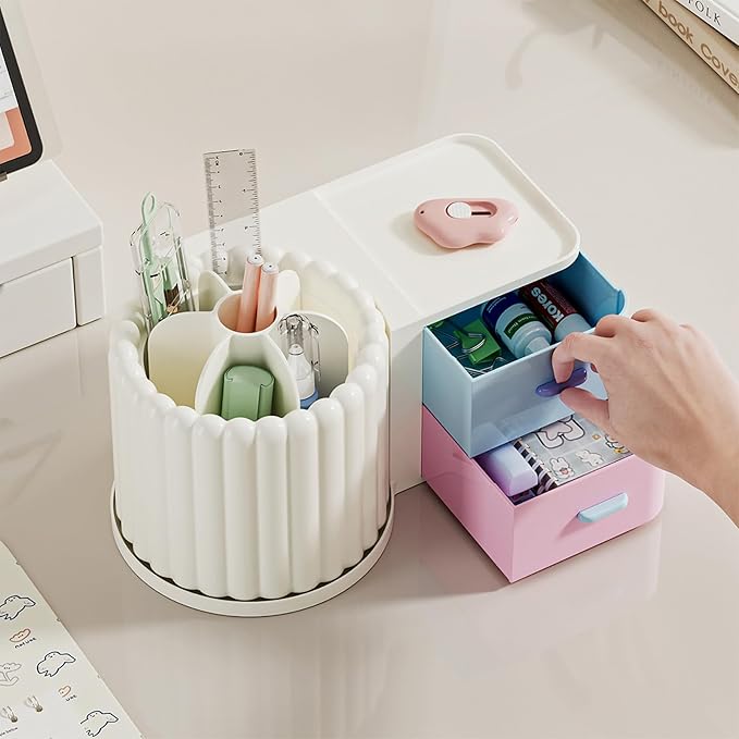 Anyoifax 360 Rotating Makeup Brush Holder 7 Slots Makeup Organizer with Drawer Removable Spinning Cosmetic Storage Pen Holder for Vanity, Dresser, Desk, Colorful-DeskLoop Office