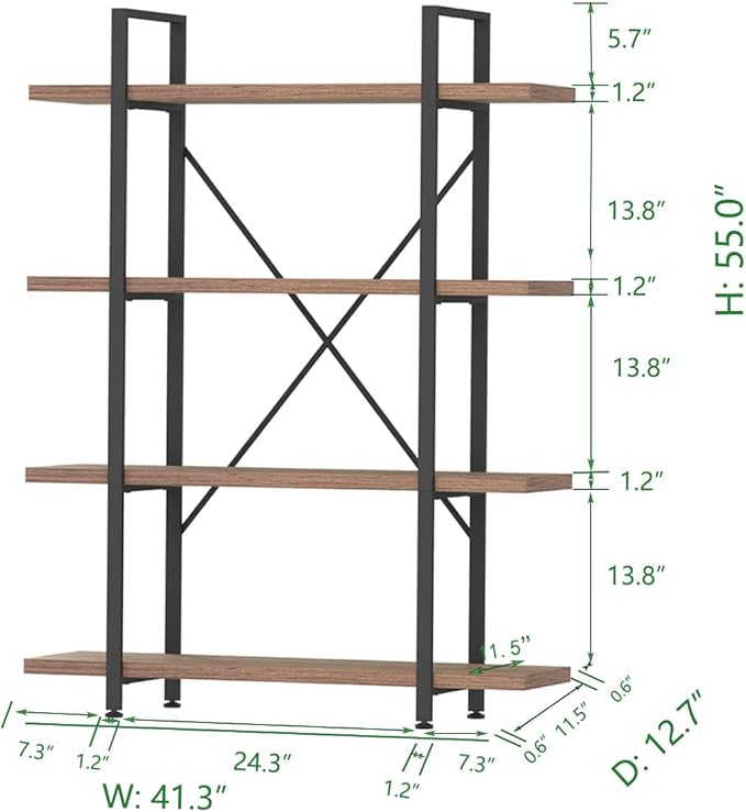 HSH Industrial 4 Tier Bookshelf, Modern Metal and Wood 4 Shelf Bookcase Etagere, Farmhouse Open Wide Display Storage Bookshelves and Bookcases Heavy Duty for Bedroom Living Room Office, Rustic Oak-DeskLoop Office