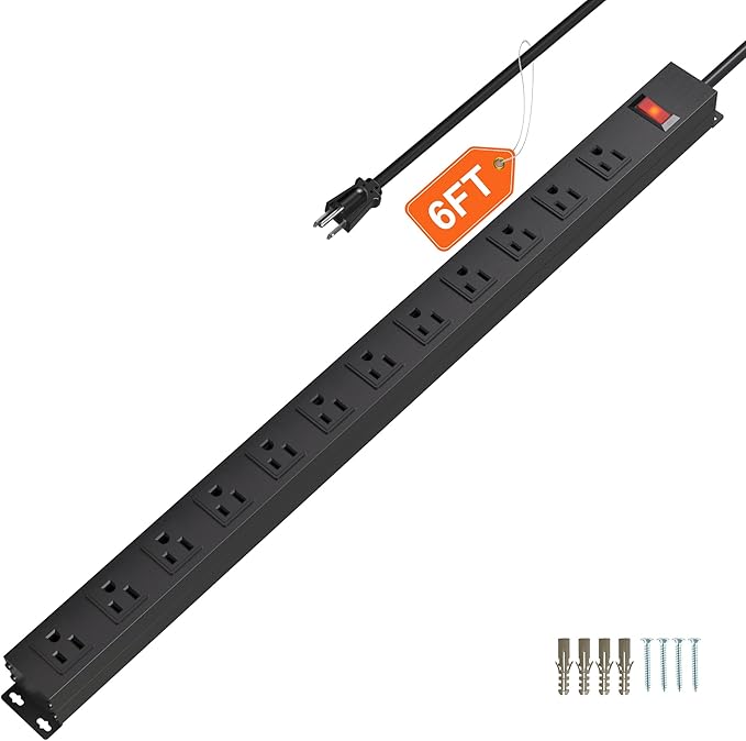 12 Outlet Long Power Strip with 15A Circuit Breaker,Black Wall Mount Heavy Duty Power Strip with 6FT/14AWG/15A/125V Extension Cord for Industrial,Garge,Office,Home and School,Black(6FT)-DeskLoop Office