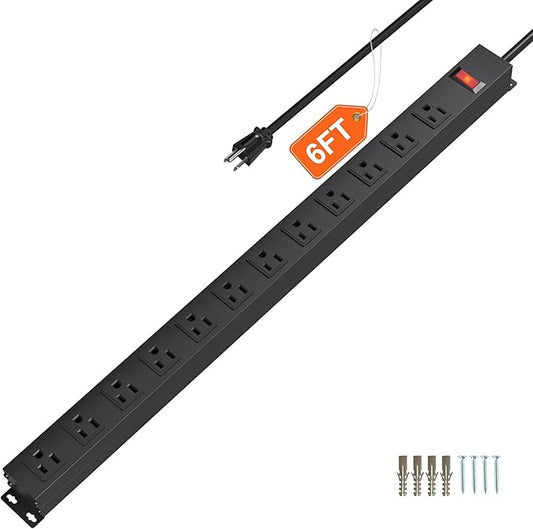 12 Outlet Long Power Strip with 15A Circuit Breaker,Black Wall Mount Heavy Duty Power Strip with 6FT/14AWG/15A/125V Extension Cord for Industrial,Garge,Office,Home and School,Black(6FT)-DeskLoop Office