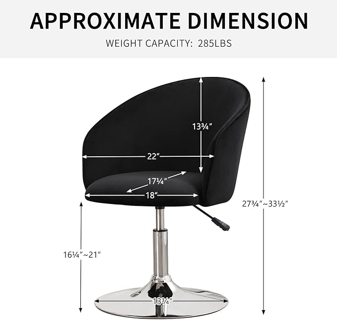 Furnimart Black Velvet Adjustable Height Vanity Chair, Swivel Makeup Chair for Living Room, Bedroom, Dressing Room-DeskLoop Office