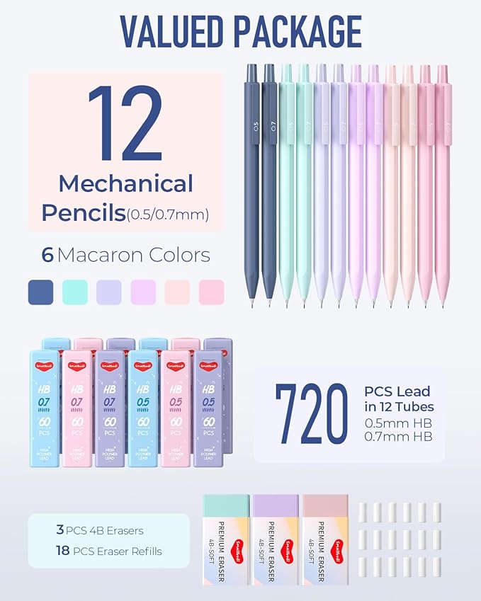 12PCS 0.5 & 0.7 mm Mechanical Pencils Set with Case, Cute Pastel Mechanical Pencil with 720PCS HB Lead Refills, 3 Erasers, Aesthetic Back to School Supplies for Student Writing Drafting