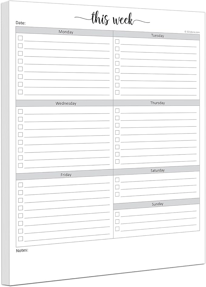 321Done Weekly Checklist Notepad, 8.5x11 Large Letter-Size Pad by 321Done