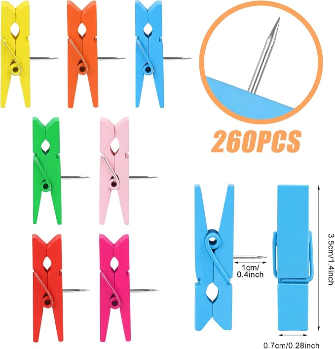260 PCS Colorful Push Pin with Wooden Clips, Durable Wooden Push Pins, - Image 2