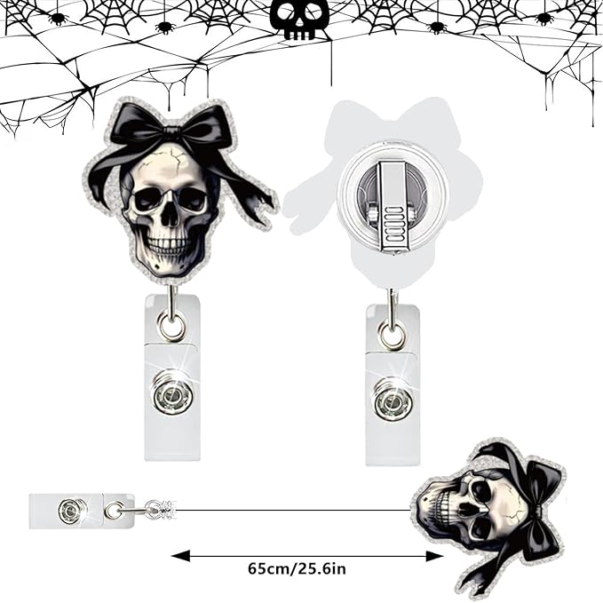 Halloween Skull Badge Reel Retractable for Nurse Nursing Student Medical Worker & Office Staff Acrylic Alligator Clip Badge Reel Halloween Skeleton with Bow ID Card Badge Holder Gifts-DeskLoop Office