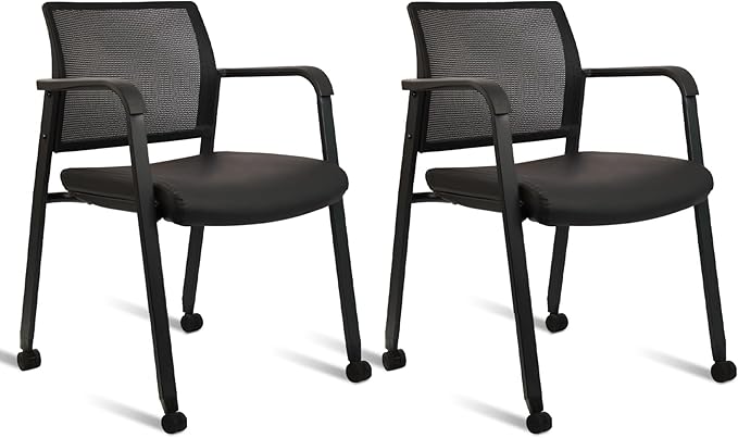CLATINA Stacking Office Chair with Wheels, Mesh Back Waiting Room Guest Chairs with Arms Comfortable Leather Cushion Stackable Desk Chair for Conference Reception School Side Stationary, Black, 2PK-DeskLoop Office
