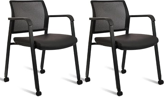 CLATINA Stacking Office Chair with Wheels, Mesh Back Waiting Room Guest Chairs with Arms Comfortable Leather Cushion Stackable Desk Chair for Conference Reception School Side Stationary, Black, 2PK-DeskLoop Office
