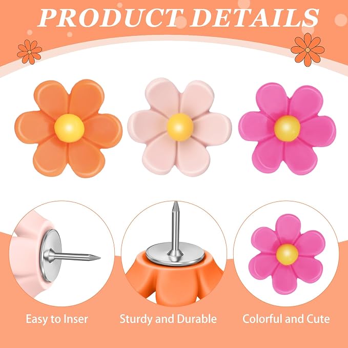 Sawysine 60 Pcs Cute Push Pins Decorative Push Pins Thumb Tacks Colorful Flower - Image 3