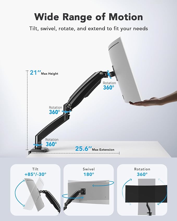 HUANUO Single Monitor Arm for 40 inch Screens, Ultrawide Computer Monitor Mount Holds 26.48 lbs, Upgraded Adjustable Stand with USB, C-Clamp & Grommet Base, VESA 75x75 or 100x100mm-DeskLoop Office