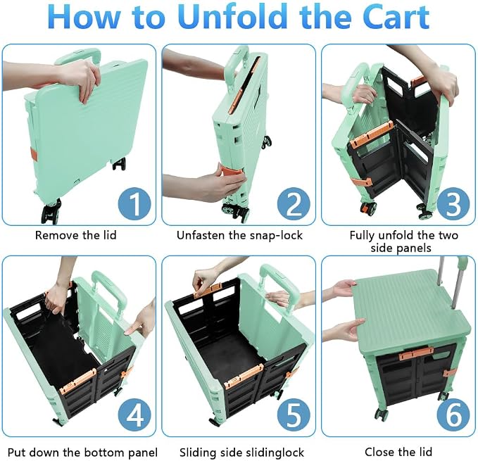 FELICON SELORSS Foldable Utility Cart Folding Portable Rolling Crate-Green | - Image 4