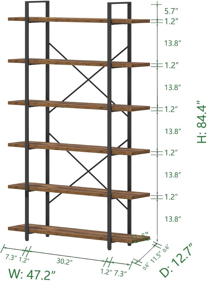 HSH 6 Shelf Tall Bookcase, Industrial Modern Large 6 Tier Bookshelf, Open Wood and Metal Display & Storage Rack,Farmhouse Bookcases and Book Shelves 6 Shelf for Bedroom Living Room Office,Rustic Brown-DeskLoop Office
