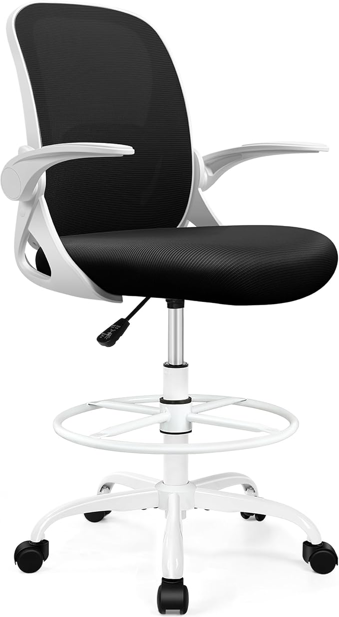 Drafting Chair Tall Office Chair with Flip-up Armrests, Adjustable Height, and Enhanced Lumbar Support - Ergonomic Rolling Stool, Back Support, and Adjustable Foot Rest Ring for Standing Desk White-DeskLoop Office