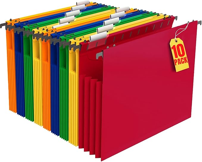 1InTheOffice Hanging File Folder, Hanging File Pocket, Expandable Hanging File Folder, Letter Size, Assorted Color, 10 Pack (10)