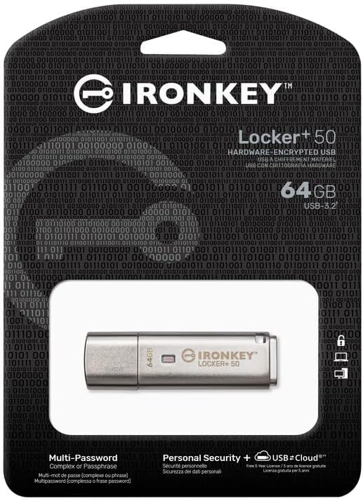 Kingston Ironkey Locker+ 50 64GB Encrypted USB Flash Drive | USB 3.2 Gen 1 | XTS-AES Protection & TAA Compliant | Multi-Password Security Options | Automatic Cloud Backup | Metal Casing | IKLP50/64GB-DeskLoop Office