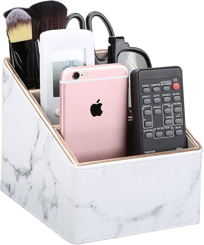 KINGFOM Remote Control Holder with 3 Compartments, Pu Leather Remote Caddy Desktop Organizer for TV, CD, Blu-Ray, Media Player, Heater Controllers and Cosmetics Office Supplies (White Marble)-DeskLoop Office