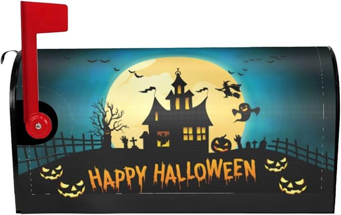 Halloween Haunted House Mailbox Cover, Happy Halloween 25.5x21 Magnetic Mailbox by Yomane