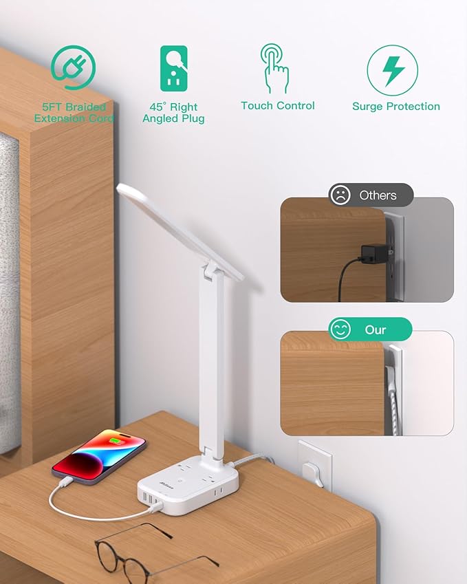 Power Strip with LED Desk Lamp, PD 30W Touch Desk Lamps, 4 Outlets 4 USB Ports(2 USB C) Small Desk Lamp 5FT Extension Cord Table Lamp for Home Office College Dorm Room Essentials Bedroom Bedside Study-DeskLoop Office