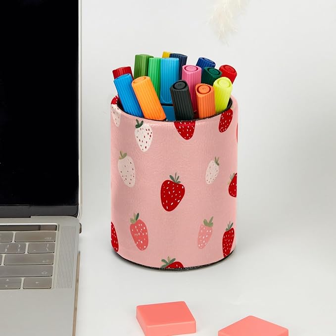 Leather Pen Holder for Desk Strawberries Pencil Cup Desktop Organizer Makeup - Image 5