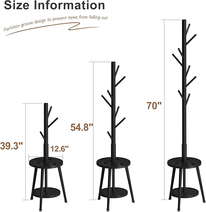 FILWH Freestanding Coat Rack with Umbrella Organizer Tray Bamboo Coat Tree Rack with 8 Hook Stand for Clothes Bag Hats Entryway Hanger Stand(Black)-DeskLoop Office