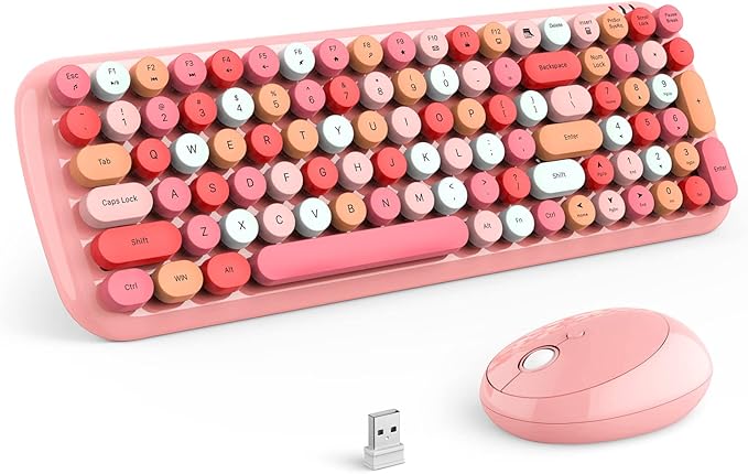 MOFII Wireless Keyboard and Mouse Combo, 2.4GHz Retro Typewriter Keyboard and Cute Mouse for Computer PC Desktops Laptop Windows(Pink Mix)-DeskLoop Office