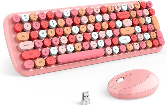 MOFII Wireless Keyboard and Mouse Combo, 2.4GHz Retro Typewriter Keyboard and Cute Mouse for Computer PC Desktops Laptop Windows(Pink Mix)-DeskLoop Office