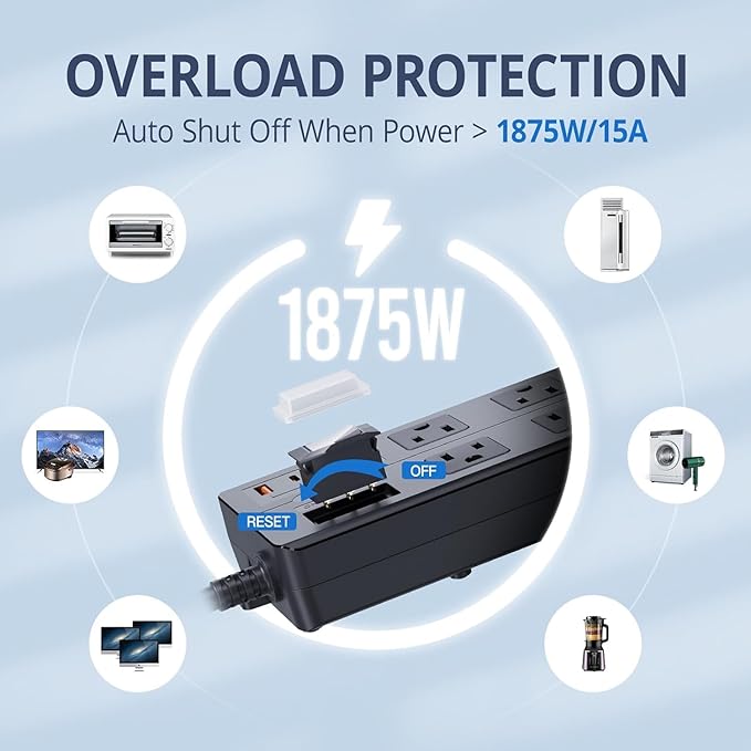 IPX6 Outdoor Power Strip Weatherproof, Waterproof Surge Protector with 8 Wide Outlet with 2A2C USB Ports, 10FT Long Extension Cord, Wall Mountable for Outside Decorations and More UL Listed(Black)-DeskLoop Office