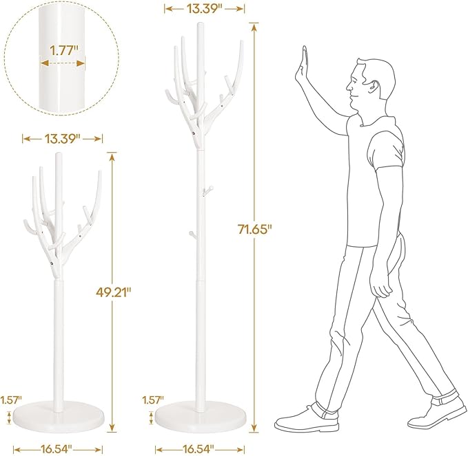 Coat Rack Freestanding, Wooden Coat Rack Stand with 16.5" Round Base, Tree Branch-look, 72" Coat Tree Standing Heavy Duty Clothes Hanger with 12 Hooks for Corner Entryway, White-DeskLoop Office