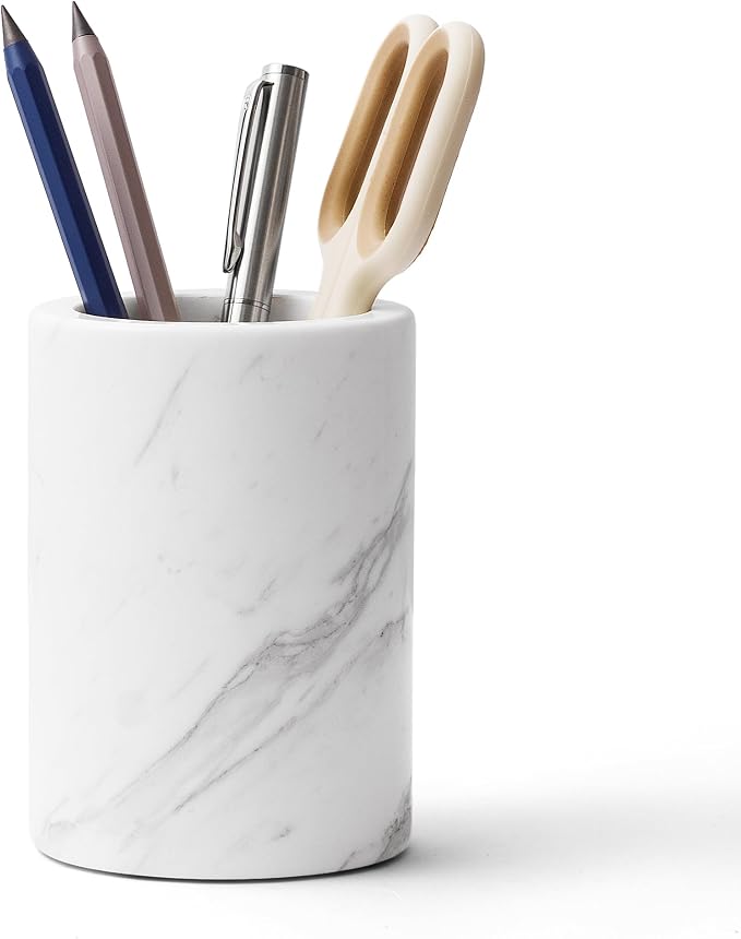 Natural Marble Pen Holder for Desk, Handcrafted Volakas Sturdy Desk Organizer by WORHE