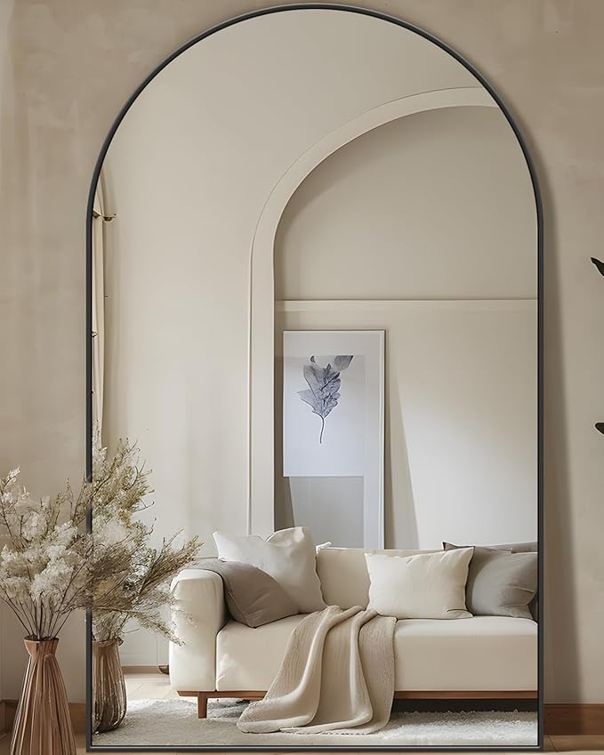 Full Length Mirror, 72"x44" Oversized Floor Mirror Freestanding, Full Body Mirror Floor Standing Mirrors with Stand, Hanging Mounted Mirrors for Bedroom Living Room, Black, Arched Style-DeskLoop Office