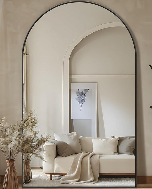 Full Length Mirror, 72"x44" Oversized Floor Mirror Freestanding, Full Body Mirror Floor Standing Mirrors with Stand, Hanging Mounted Mirrors for Bedroom Living Room, Black, Arched Style-DeskLoop Office
