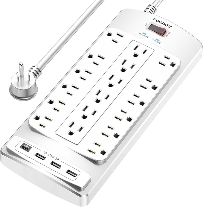 18 Outlets Surge Protector Power Strip - 6 Feet Flat Plug Heavy Duty Extension Cord with 18 Widely Outlets and 4 USB Ports, 2100 Joules, White, ETL Listed-DeskLoop Office
