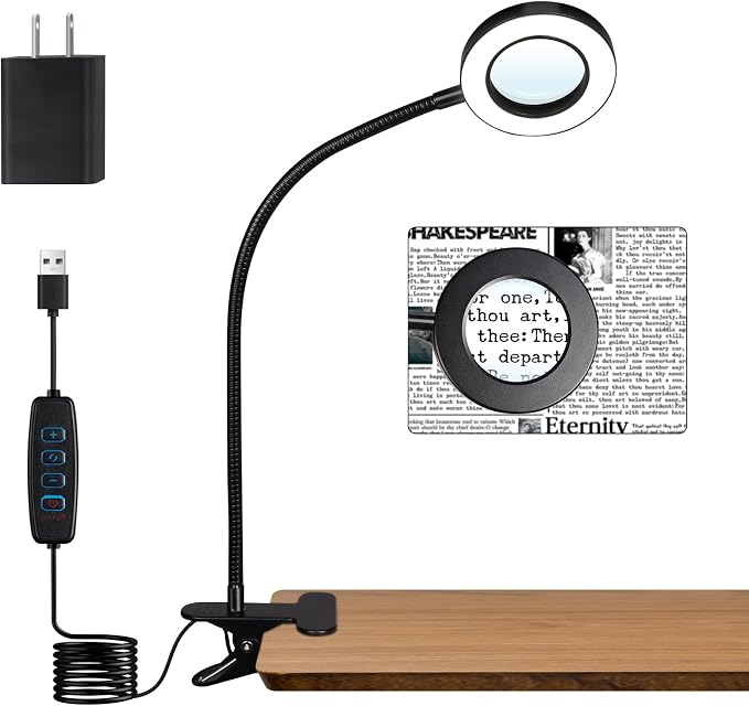 Woputne 5X Magnifying Glass Desk Clip Lamp, 10 Brightness, 3 Color Modes by Woputne