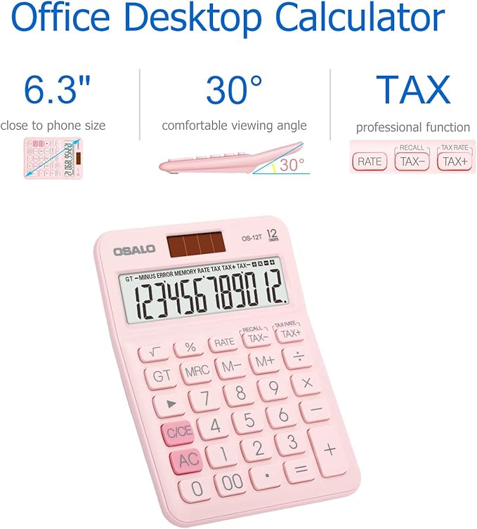 Pocket Small Size Desk Calculator, 12 Digit Large LCD Display, Basic Tax Function Handheld Desktop Calculator with Solar Battery Dual Power, Perfect for Office, School, Business OS-12T (Pink)-DeskLoop Office
