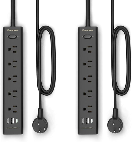10FT Long Surge Protector Power Strip-with 5 Widely Outlets and 3 USB Ports(1 USB C Port),10 Foot Extension Cord(1250W/10A),Wall Mount for Home Office,700 J,Black(2 Pack)-DeskLoop Office