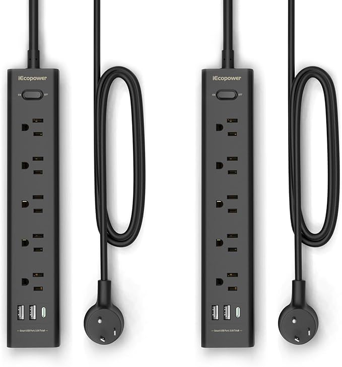 2 Pack Power Strip Surge Protector-5 Widely Spaced Outlets 3 USB Ports(1 USB C Port),1250W/10A with 5Ft Extension Cord, Power Strips with Surge Protection, Wall Mount for Home Office,Black-DeskLoop Office