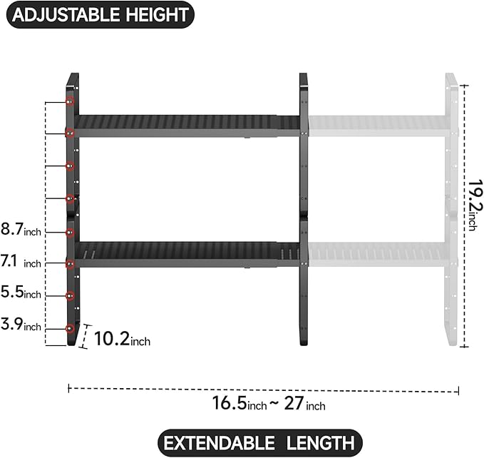 jkxoo 2Pack Expandable Cabinet Countertop Shelves 16.5-27’’L, Adjustable Metal - Image 2