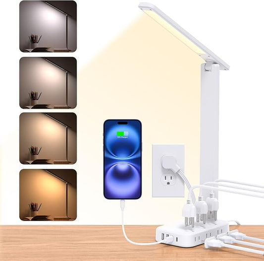 One Beat Desk Lamp with 6 Outlets 4 USB Ports(2×USB-C),Eye Protection Table Lamp Power Strip with 4 Color Modes 5 Brightness Touch LED Desk Lamps for Home Office College Dorm Room Essentials(White-DeskLoop Office