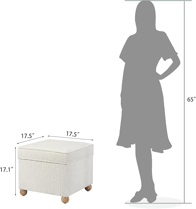 Adeco 17 Inch High Faux Fur White Cube Ottoman Storage, 3D Embossed Velvet Chair Foot Stools, Upholstered Vanity Stool with Hinged Lid, Solid Round Wood Legs-DeskLoop Office