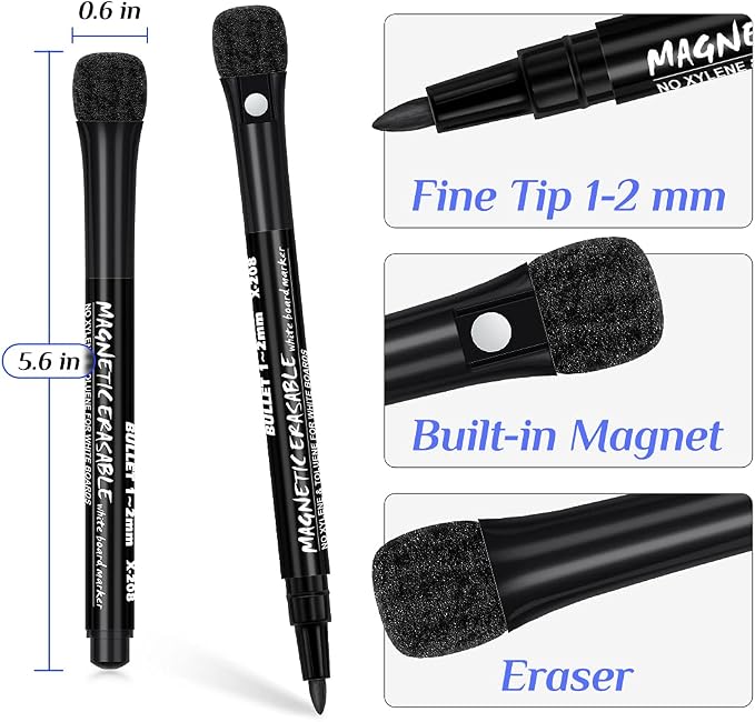 JR.WHITE Dry Erase Markers Fine Tip, Magnetic Dry Erase Markers Black Thin Dry - Image 3