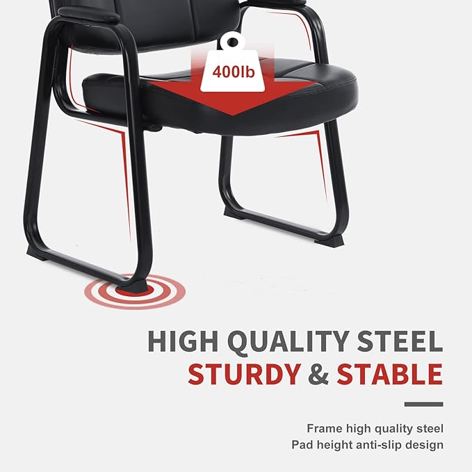 CLATINA Big & Tall Waiting Room Guest Chair with Bonded Leather Padded Arm Rest and Sled Base for Office Reception Lobby and Conference Desk, Black-DeskLoop Office