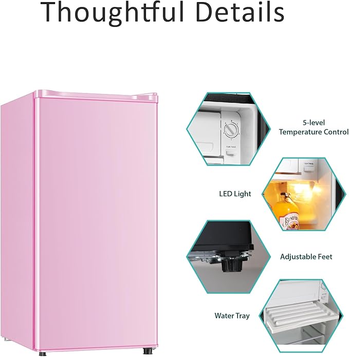 Seaoola Mini Fridge with Freezer, Single Door 3.1 Cu.Ft, Compact Mini Refrigerator, LED Light, Adjustable Thermostat, Removable Glass Shelves, Small Refrigerator for Dorm/Office/Bedroom(Pink)-DeskLoop Office
