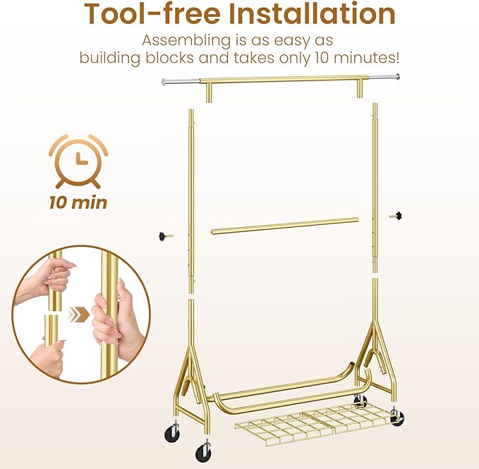 Double Rods Clothing Rack, Heavy Duty Clothes Rack for Hanging Clothes Load 560LBS, Metal Rolling Garment Racks with Wheels, Freestanding Clothes Hanging Racks, Gold-DeskLoop Office
