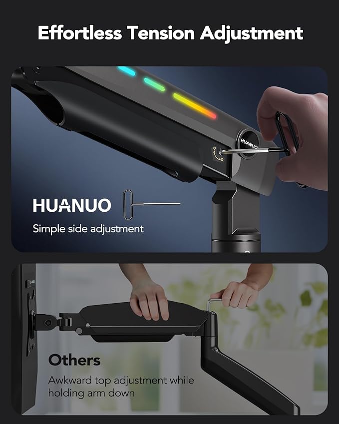 HUANUO RGB Monitor Arm for Ultrawide Screens up to 57″, Heavy-Duty Single Mount Holds 44 lbs, Fully Adjustable Gaming Monitor Arm with C-Clamp & Grommet Base, Max VESA 100 x 100mm-DeskLoop Office