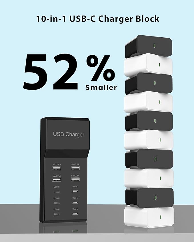 USB C Charger Block 10-Port USB-C Charging Station 6 USBC Ports & 4 USB-A Ports Total 50W USB Power Strip for Multi Devices for iPhone 16 17 15 14 13 12 Se, Galaxy, Pixel, Tablet, Camera, Headphones-DeskLoop Office