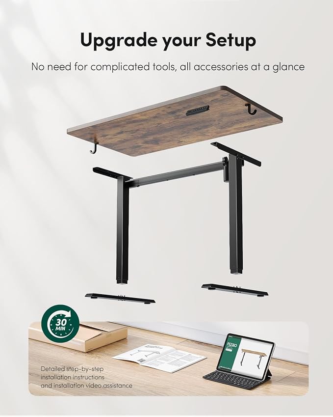 FEZIBO One-Piece Standing Desk Adjustable Height Stand up Home Office Desk, 32x24 Inch Electric Standing Computer Desk, with 4 Memory Presets, Fixable casters, Rustic Brown-DeskLoop Office